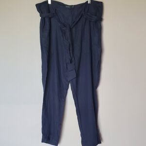 Ralph Lauren 100% Linen Belted High Waist Pants Navy Blue with Pockets